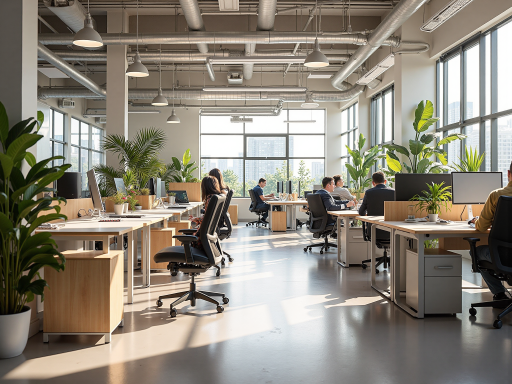 办公室内部环境，现代化办公空间，员工正在工作，明亮自然光